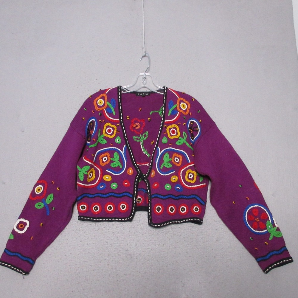 Vintage Rafia Sweater Cardigan Large Floral Embroidered Colorful Statement‎ Boho